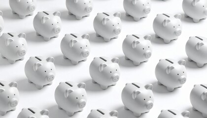 "Grid of white piggy banks—symbolizing collective savings, financial planning, and economic strategy."