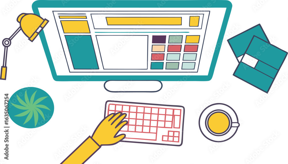 Poster illustration of a workspace with a computer desk hand typing on a keyboard and coffee cup for creati