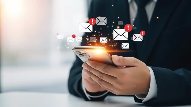 Businessman holds a phone notifications appear around it Digital communication concept showing instant messages email alerts and general connectivity a sleek aesthetic