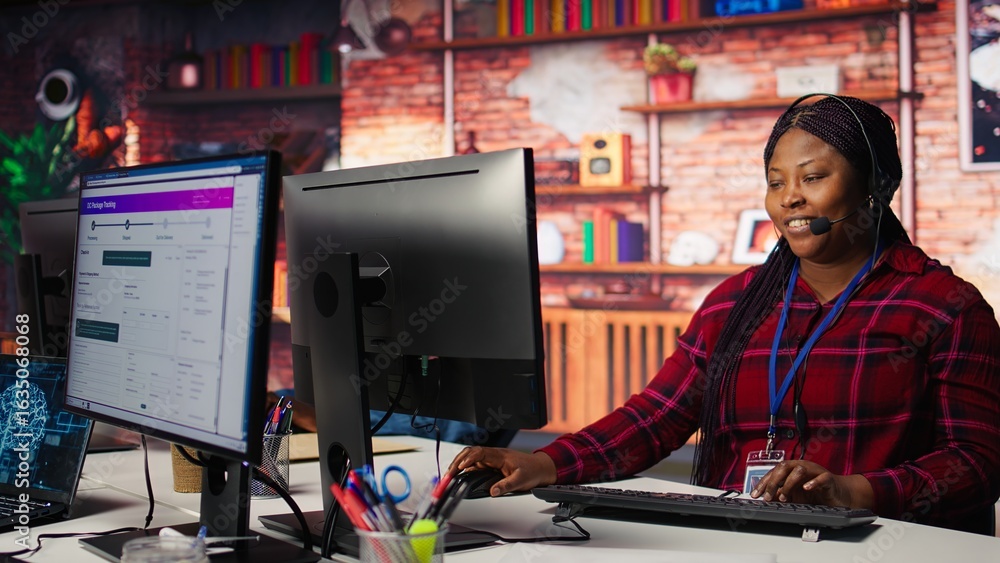 Poster call center employee handling customer concerns, doing complaint resolution using ai. persuasive cus