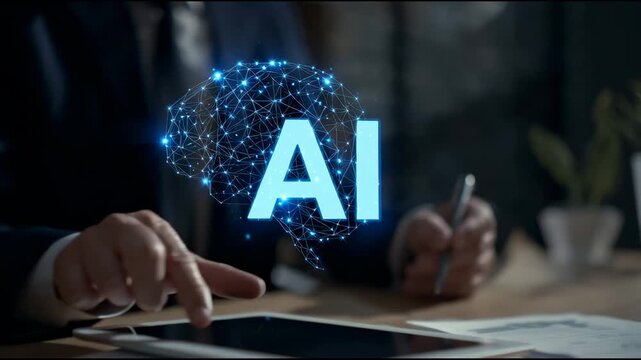 Manager operates a tablet displaying AI-powered applications. The holographic brain model, glowing in blue polygons.