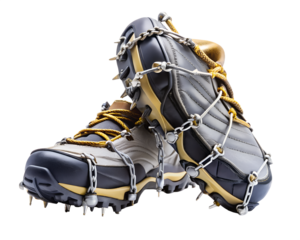 Pair of hiking boots with metal spikes and chains for ice and snow, isolated on transparent background