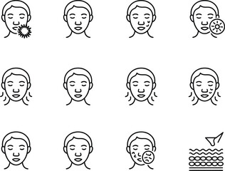 Dermatological Skin Conditions and Skincare Treatment Icons Set Line Style Illustration for Website Medical Banner and Promotional Materials About Healthcare