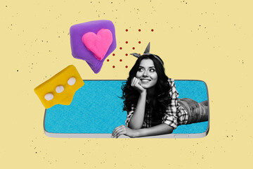 Sketch pop image sketch banner collage of happy blogger girl stand phone device heart notification feedback social media reaction