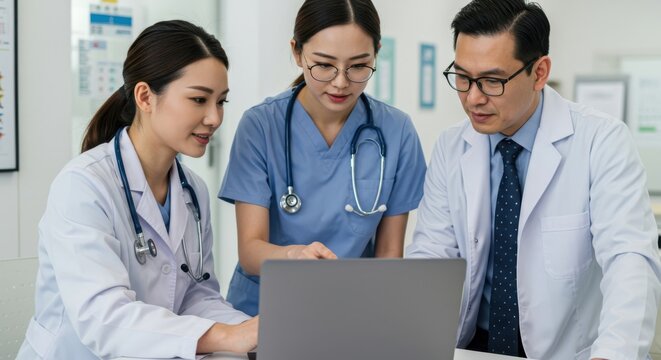 Three diverse medical professionals collaborating and discussing patient information on a laptop screen