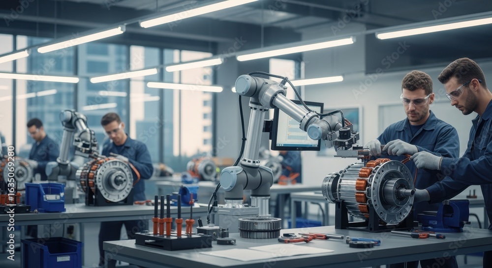 Poster workers coordinating robotic and manual winding methods in electric vehicle motor preparation worksh