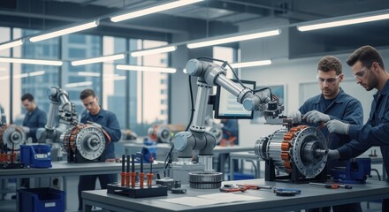 Fototapeta premium Workers coordinating robotic and manual winding methods in electric vehicle motor preparation workshop.