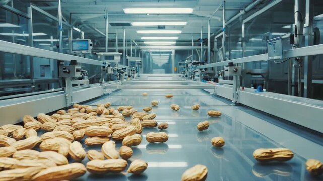 Gen-4 Turbo Detailed close-up of raw peanuts moving on a conveyor belt in a modern processing plant, emphasizing natural textures and the peanut&rsquo;s role as an ingredient in vegan