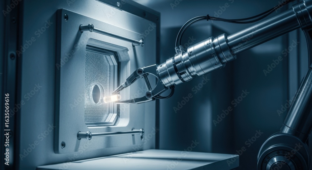 Poster highresolution image of a robotic arm precisely extracting freshly produced medical isotopes from a 