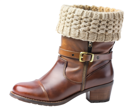 A stylish brown leather ankle boot with a buckle strap and knitted cuff, isolated on transparent background