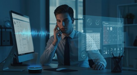 Focused Businessman with Futuristic Holographic Interface, Night Office Setting