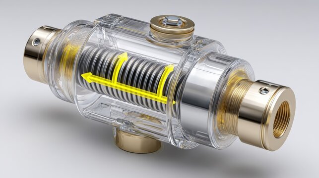 Minimal 3D plastic check valve with transparent casing and vibrant backflow arrows design