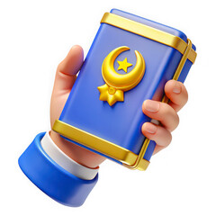 3d icon of hand holding a blue holy quran with golden crescent moon symbol isolated on transparent background