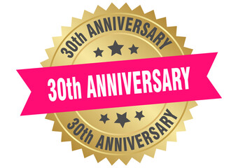 30th anniversary. 30th anniversary round pink and gold label isolated on transparent background