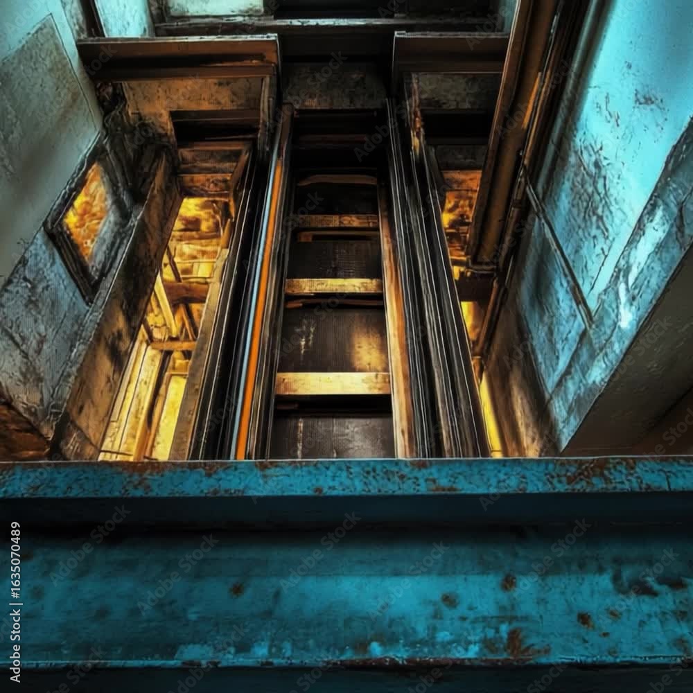 Poster a view of an escalator from the bottom up, showing steps and handrails