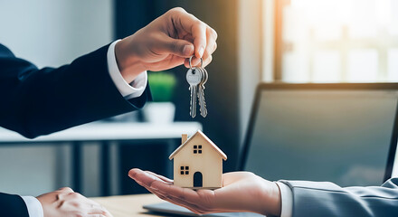 Real estate agent hands over house keys to new homeowner symbolizing property ownership and successful transaction