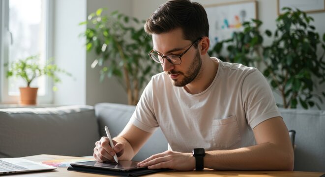 Focused Designer Working on Tablet with Stylus, Natural Light, Modern Workspace.