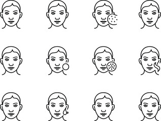 Skincare Icon Set Various Skin Conditions and Facial Treatments Dermatology and Beauty Concept Minimalist Vector Illustration