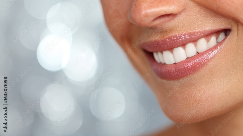 Poster close-up of a smiling face with glowing complexion and soft background for effective copy space