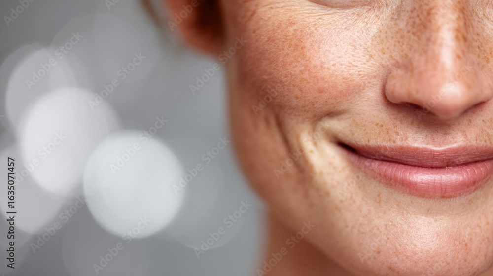 Poster close-up of smiling face with glowing complexion and blurred background creating a serene and inviti