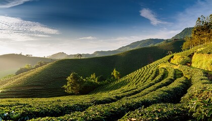rich green coffee plantation terraced on rolling hills under soft morning sunlight ai technology captures expansive rows of coffee plants represents agriculture organic farming natural beverage