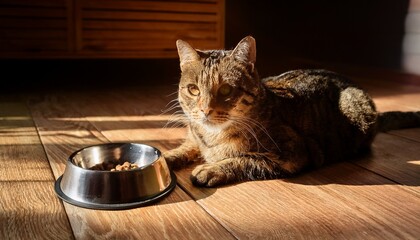 a striped cat lies on a wooden floor next to a food bowl illuminated by sunlight from a window