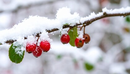 Winter wonderland snow-covered berries on branch nature scene close-up tranquil environment