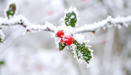 Winter scene holly berries covered in snow outdoor garden close-up photography frosty atmosphere nature's beauty