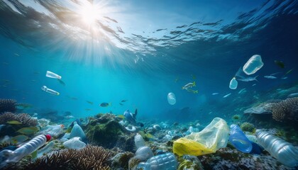 Fototapeta premium the underwater scene filled with plastic waste highlighting marine pollution issues