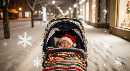 Sleeping baby in santa hat in stroller decorated with christmas lights on snowy street at night time