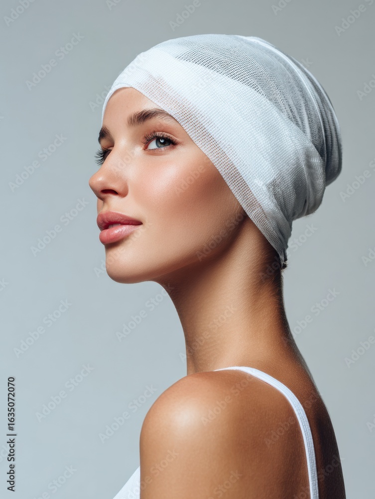 Poster woman in spa-like environment with relaxed expression and headwrap enjoying tranquility and self-car
