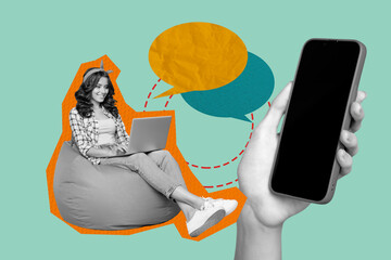 3d image poster sketch collage of happy girl type laptop sit beanbag bubble communication chat...
