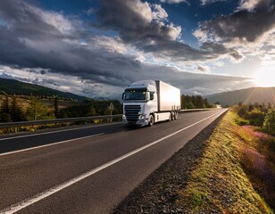 Obraz premium the majestic truck navigating a scenic highway under dramatic skies