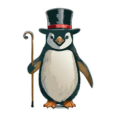 realistic emperor penguin wearing a black top hat and holding a cane,