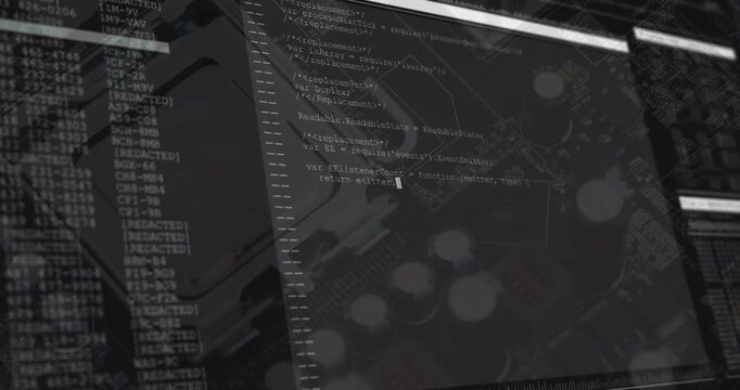 On launch transparent overlay panel sliding over circuit board and scrolling code for debugging