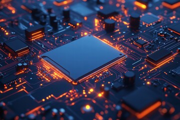 Illuminated Circuit Board with Central Processor Unit, Futuristic Electronic Design