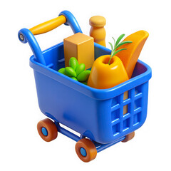 3d icon of blue shopping cart filled with groceries isolated on transparent background