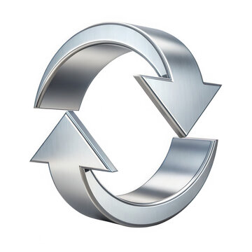 3d Shiny metallic circular arrow symbol representing refresh reload repeat cycle or continuous loop isolated on transparent background