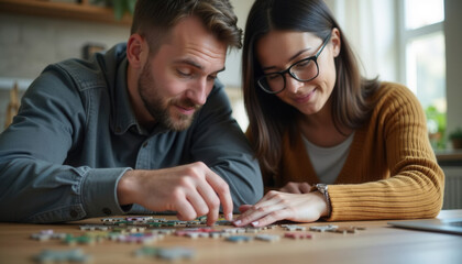 Fototapeta premium Couple assembling jigsaw puzzle together at home on wooden table 