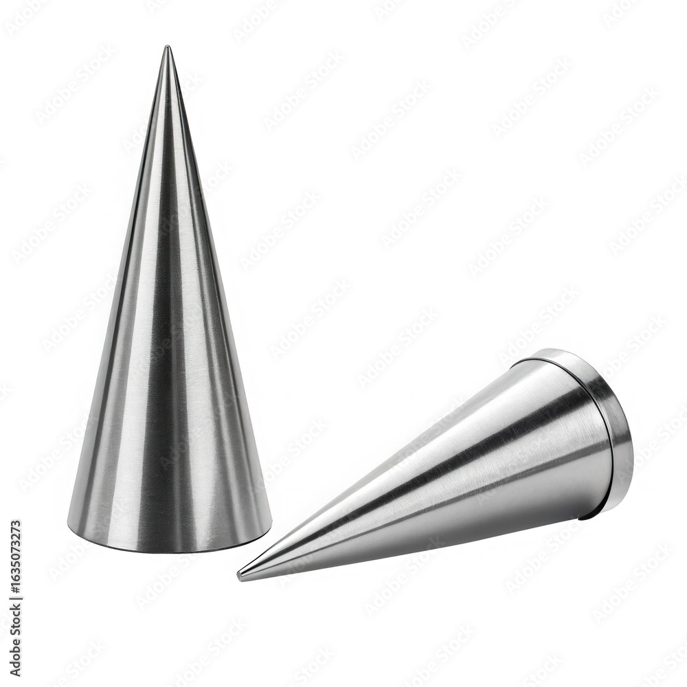 Poster two metallic silver cones with pointed tips and rounded bases isolated on a transparent background f