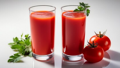 two tall elegant glasses filled with a red chunky liquid likely a tomato based drink or soup placed on a white surface suggesting a refreshing and appetizing beverage