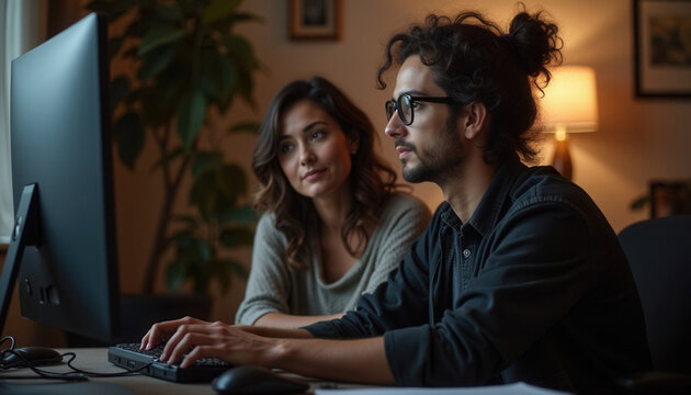 Young couple working together on computer in modern home office