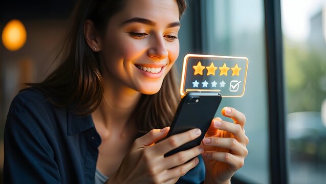 Customer review satisfaction feedback survey concept. Customer pressing smile face and five star on mobile phone for customer review. Customer satisfaction survey, service experience rating