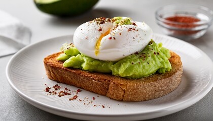 delicious avocado toast with mashed avocado and a perfectly poached egg sprinkled with spices on a white plate ideal breakfast