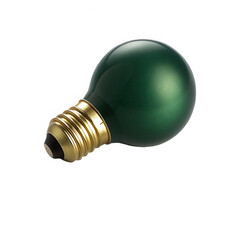 A single matte dark green incandescent light bulb with a brass screw base isolated on transparent background