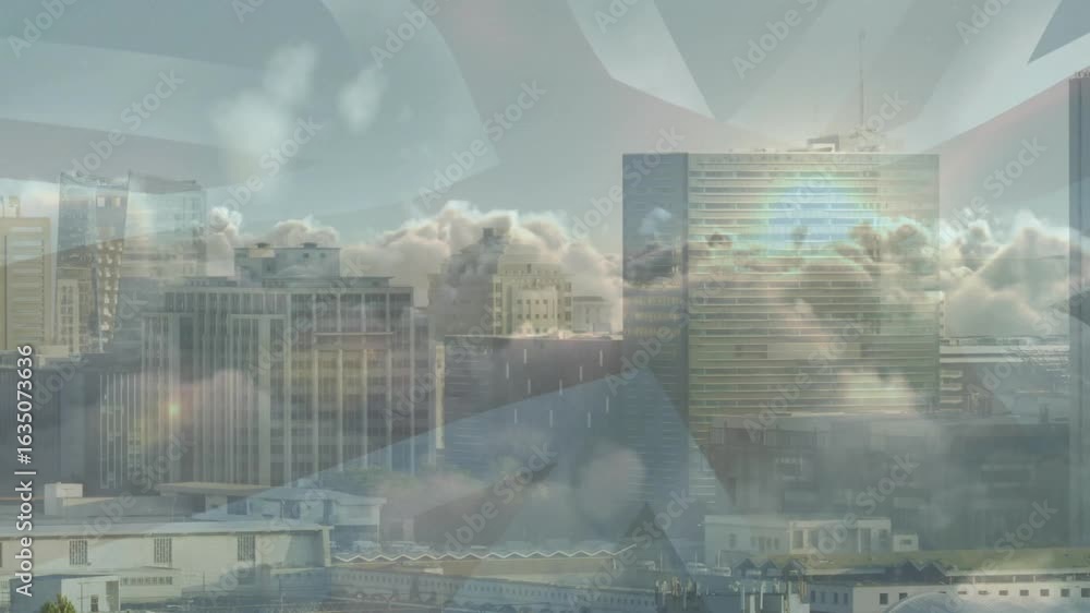 Poster wispy clouds drifting from right causing sunlight glinting on skyline and flag fading, marking time