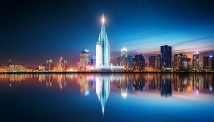 Obraz premium long exposure cityscape modern skyscraper rocket launch night reflection water futuristic urban dramatic illuminated skyline