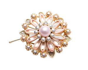 Fototapeta premium Elegant gold flower brooch with pearl and crystals, isolated on transparent background