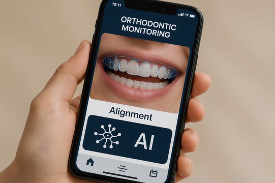 Hand holding smartphone displaying orthodontic monitoring app with AI powered teeth alignment feature
