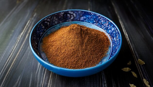 vibrant blue ceramic bowl with floral design filled with golden brown ground spice showcasing rich texture and color against rustic dark background